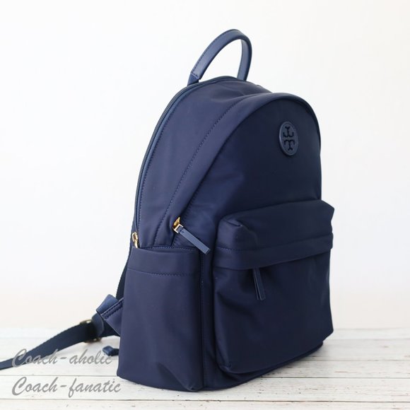 NWT Tory Burch Ella Logo Dual Zip Compartment Nylon Backpack in Tory Navy - Picture 3 of 11